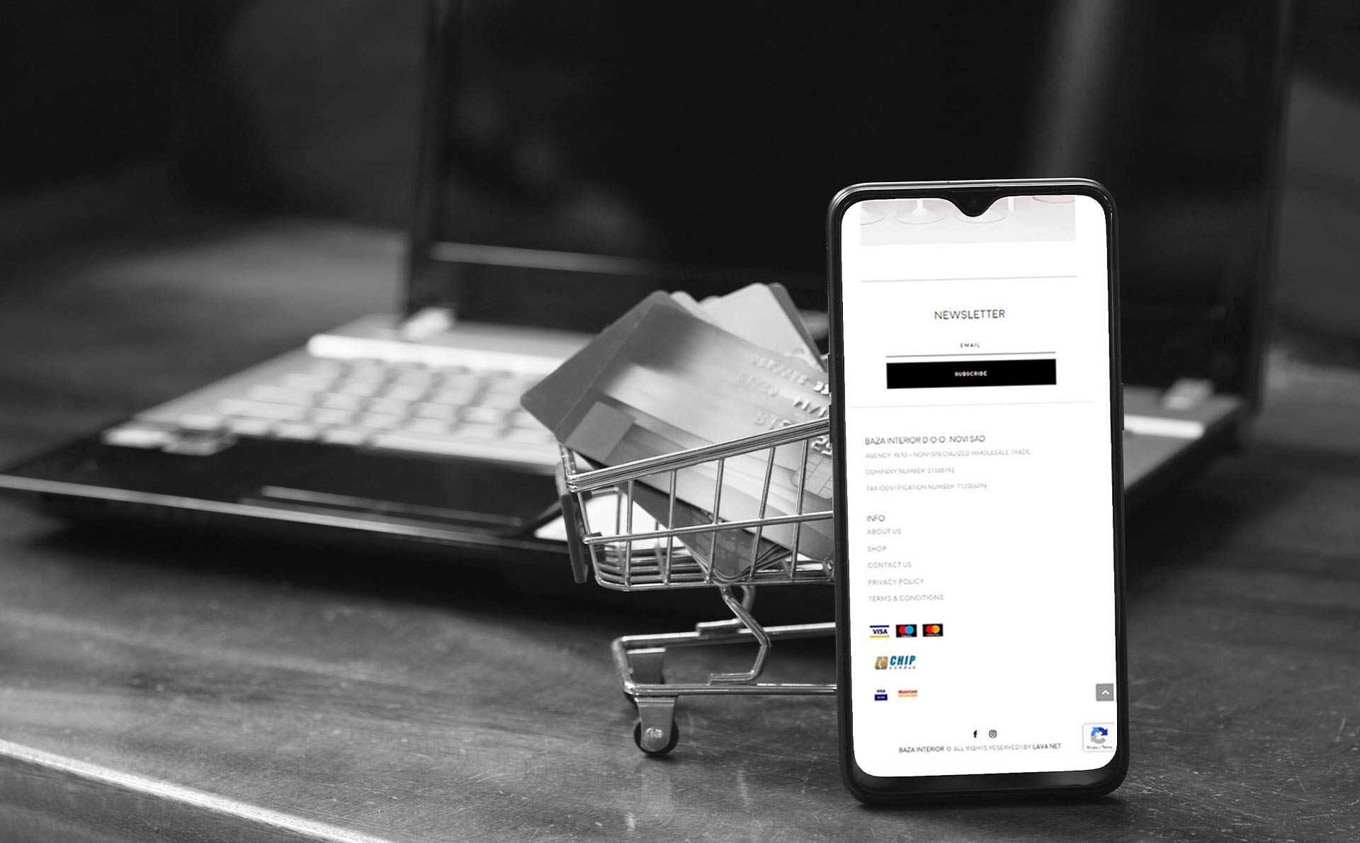 Fotografija telefona preko kojeg se vrši online kupovina i plačanje dok je mobilni telefon naslonjen na kolica za kupovinu.
