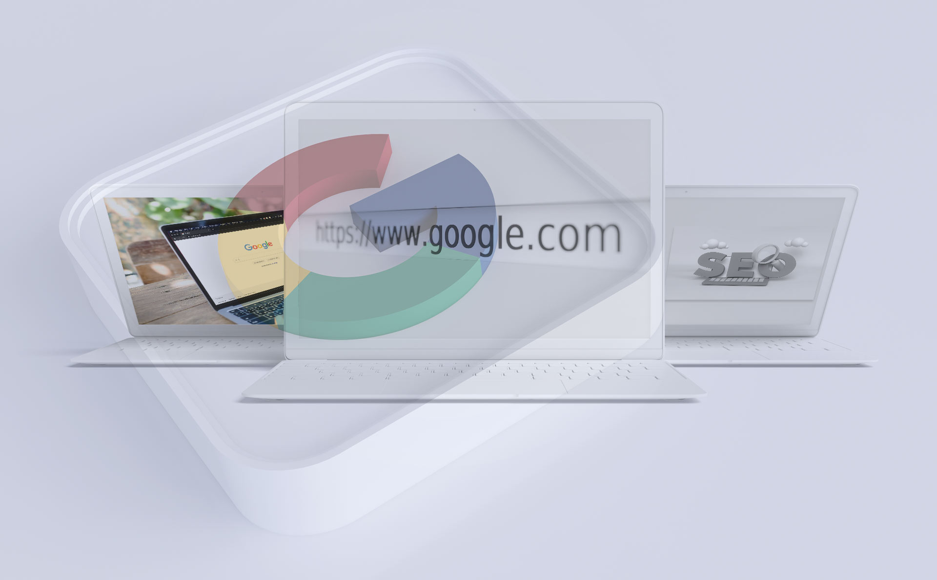 Google logo i natpis "SEO" na monitoru računara.