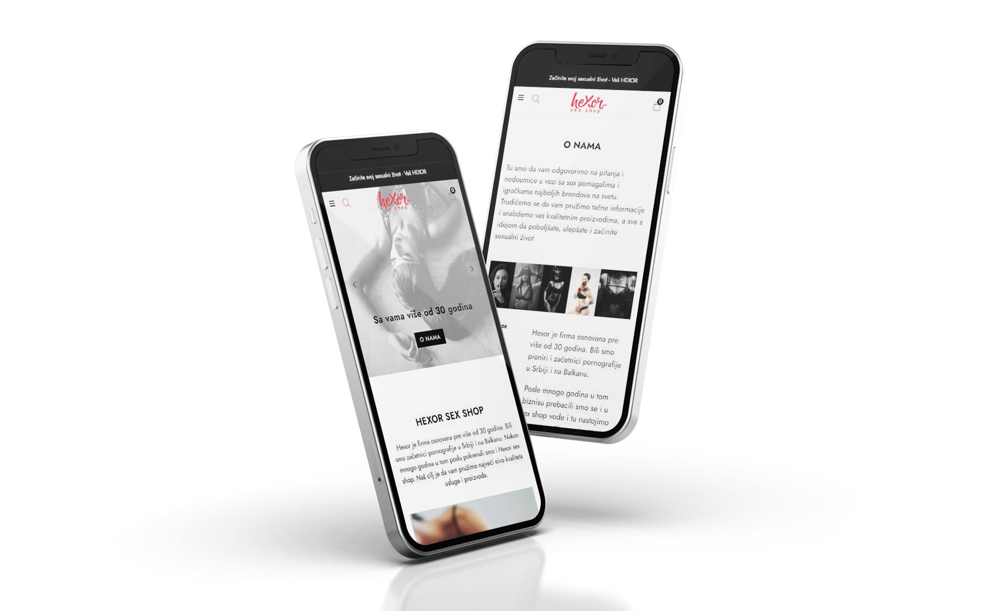 Fotografija mobilnih telefona sa naslovnom stranicom web shopa sexyshopsrbija.com firme Hexor i stranicom O nama – primer za pravljenje sajtova od strane profesionalaca.