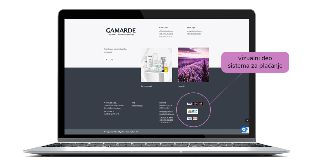 Prikaz vizulenog dela sistema za plaćanje preko interneta na ekranu laptopa na Gamarde shopu.