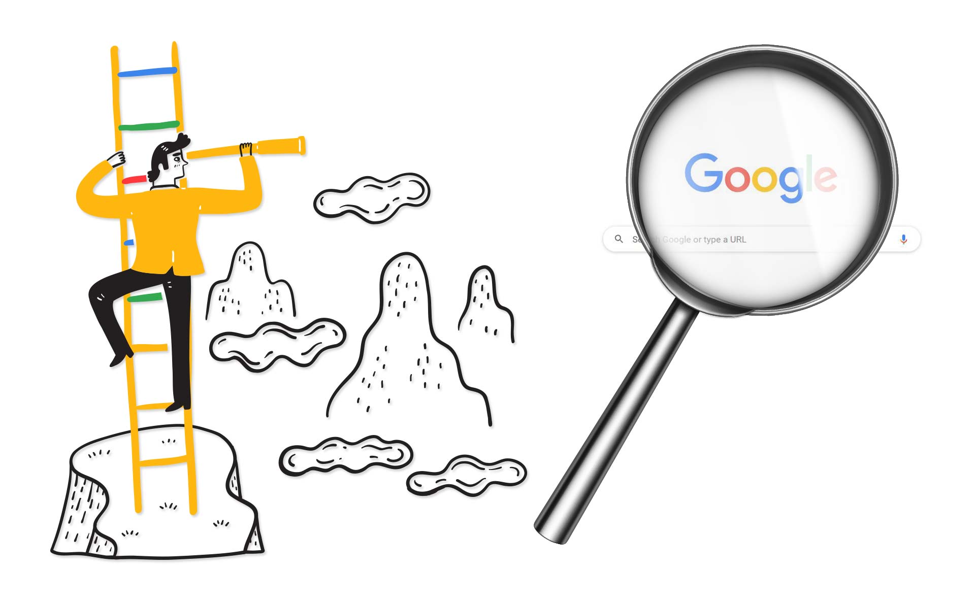 Ilustracija Google pretrage pod lupom i muškarca koji se penje na merdevine google-ovih boja i gleda u monokular.