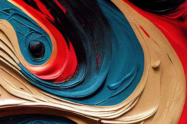Apstraktna umetnost kružnog poteza uljane boje crvene, plave, krem i crne boje.