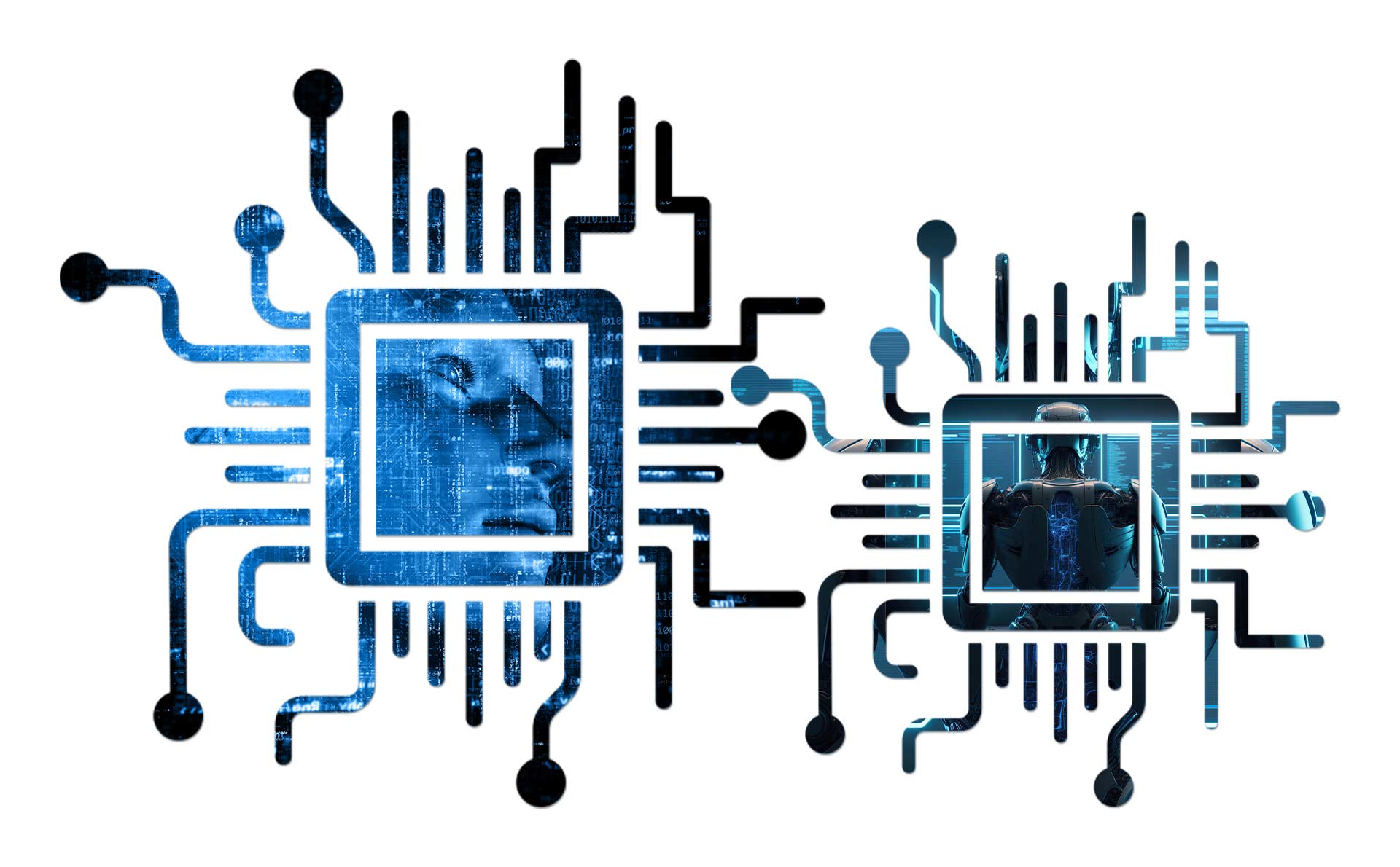Dva računarska čipa koji se granaju unutar kojih se vidi veštačka inteligencija u vidu humanoidnog bića.