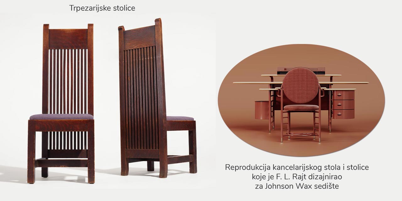 Trpezarijske stolice i kancelarijski sto dizajniran od strane Frank Lloyd Wright-a.