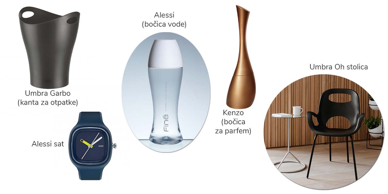 Dizajni dizajnera Karima Rashida: kanta za otpatke, Alessi sat, flašica vode, bočica za parfem i Umbra stolica.