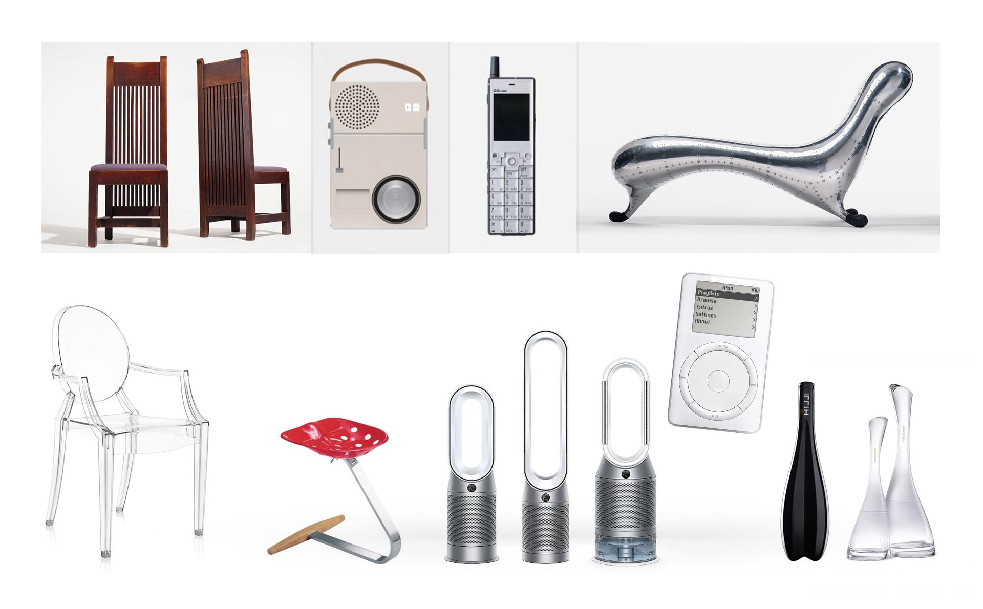 Najpoznatiji proizvodi poput iPod-a, Ghost chair, boca vina, TP 1 radio od najpoznatijih dizajnera.