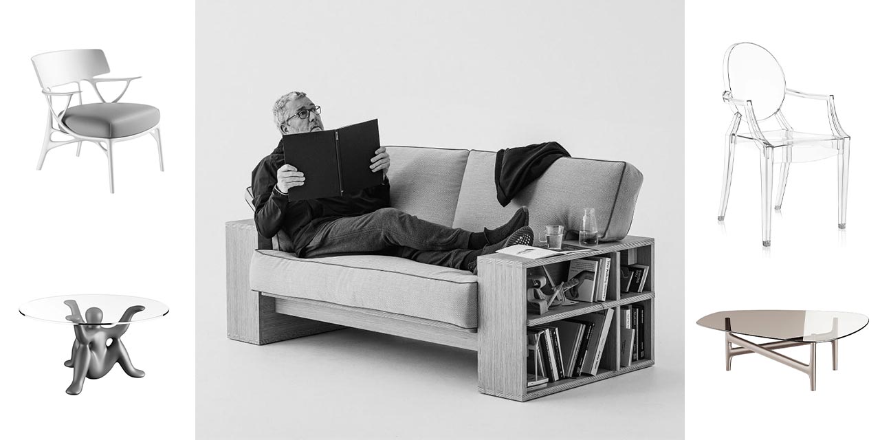 Philippe Starck, dizajner enterijera čita knjigu na dvosedu i njegovi najpoznatiji dizajni stolica i stočića.