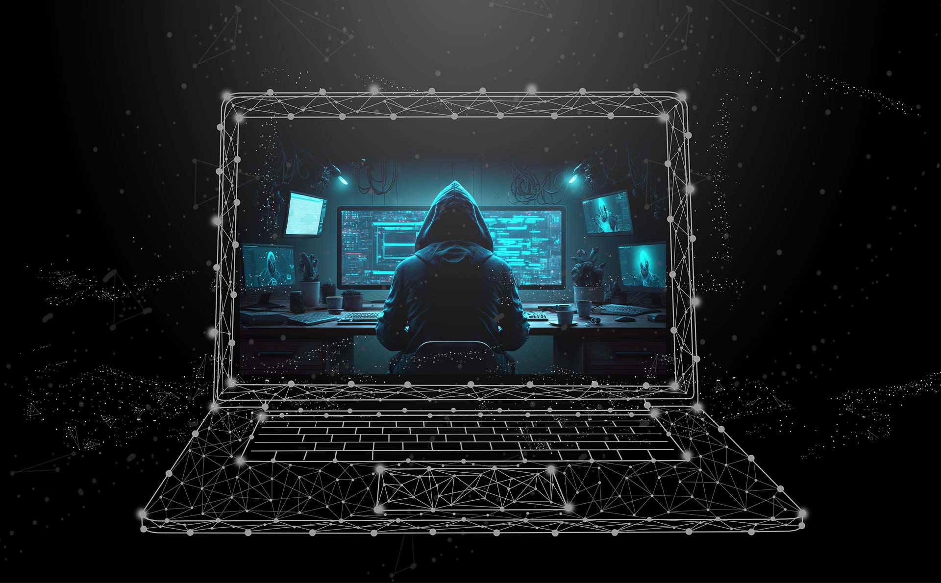 Čovek sa kapuljačom preko glave okrenut leđima i okružen monitorima istražuje darknet.
