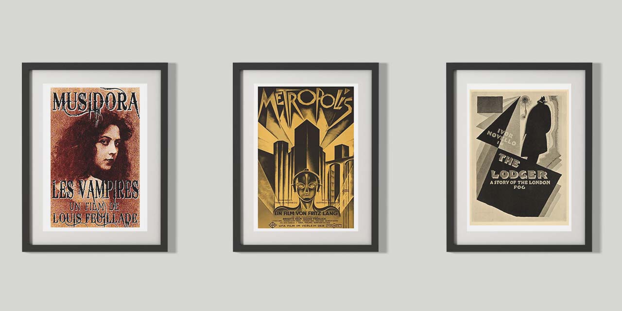Tri plakata filmova: Les vampires, Metropolis i The Lodger.
