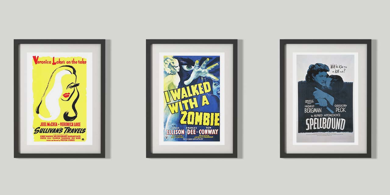 Tri plakata filmova: Sullivan's Travels, I Walked with a Zombie i Spellbound.