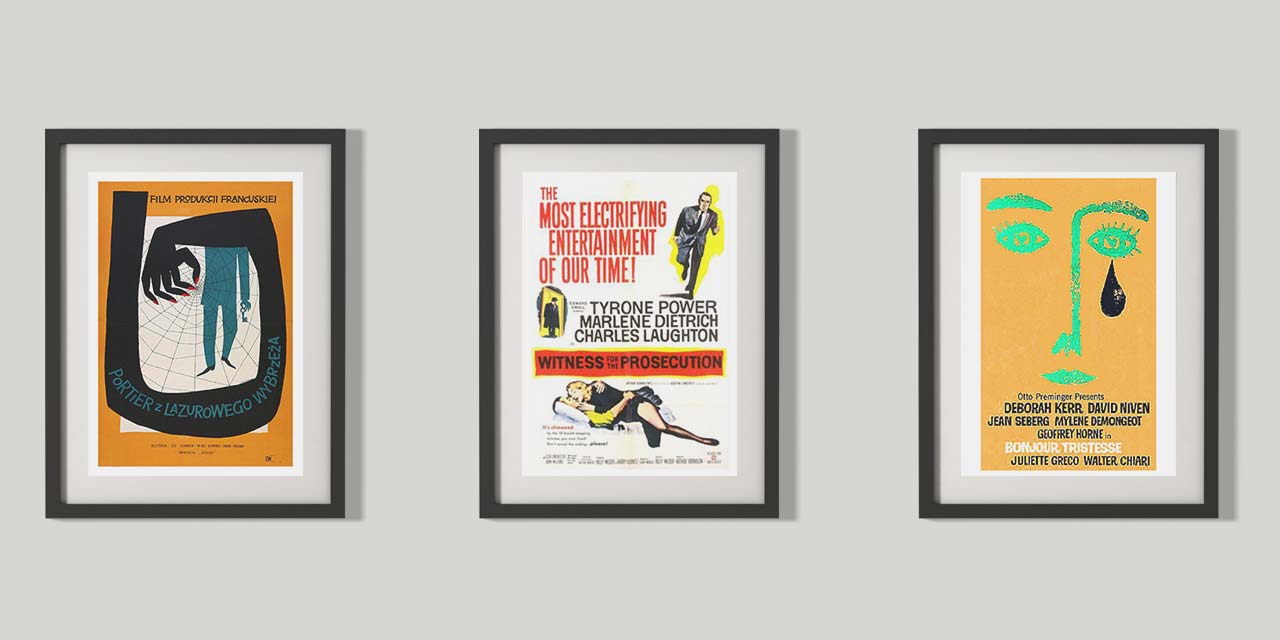 Tri plakata filmova: The Man with the Golden Key, Witness for the Prosecution i Bonjour Tristesse.