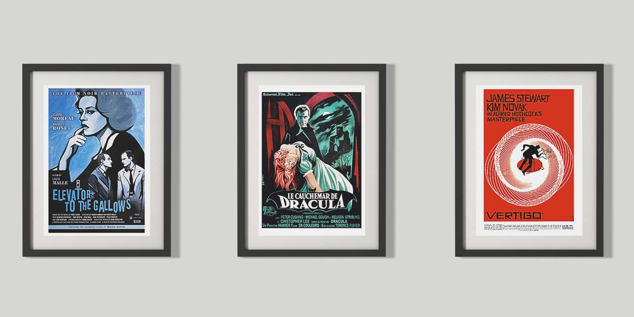 Tri plakata filmova: Elevator to the Gallows, Horror of Dracula i Vertigo.