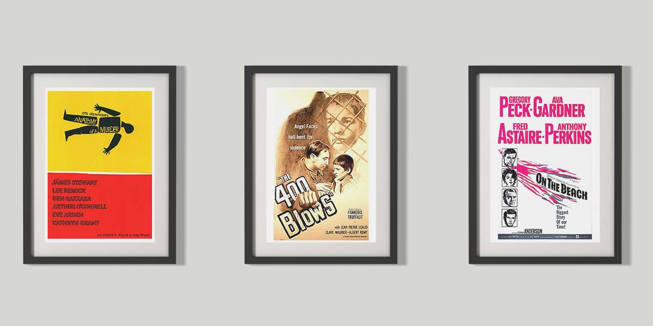 Tri plakata filmova: Anatomy of a Murder, Les Quatre cents coups i On the Beach.