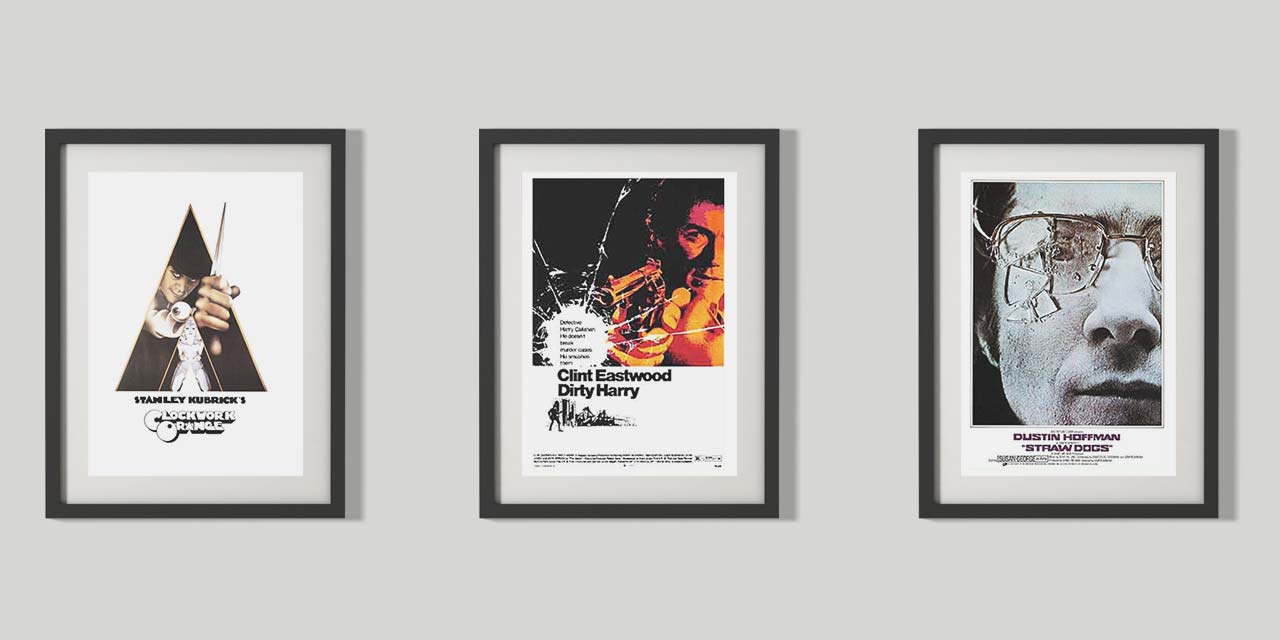Tri plakata filmova: A Clockwork Orange, Dirty Harry i Straw Dogs.