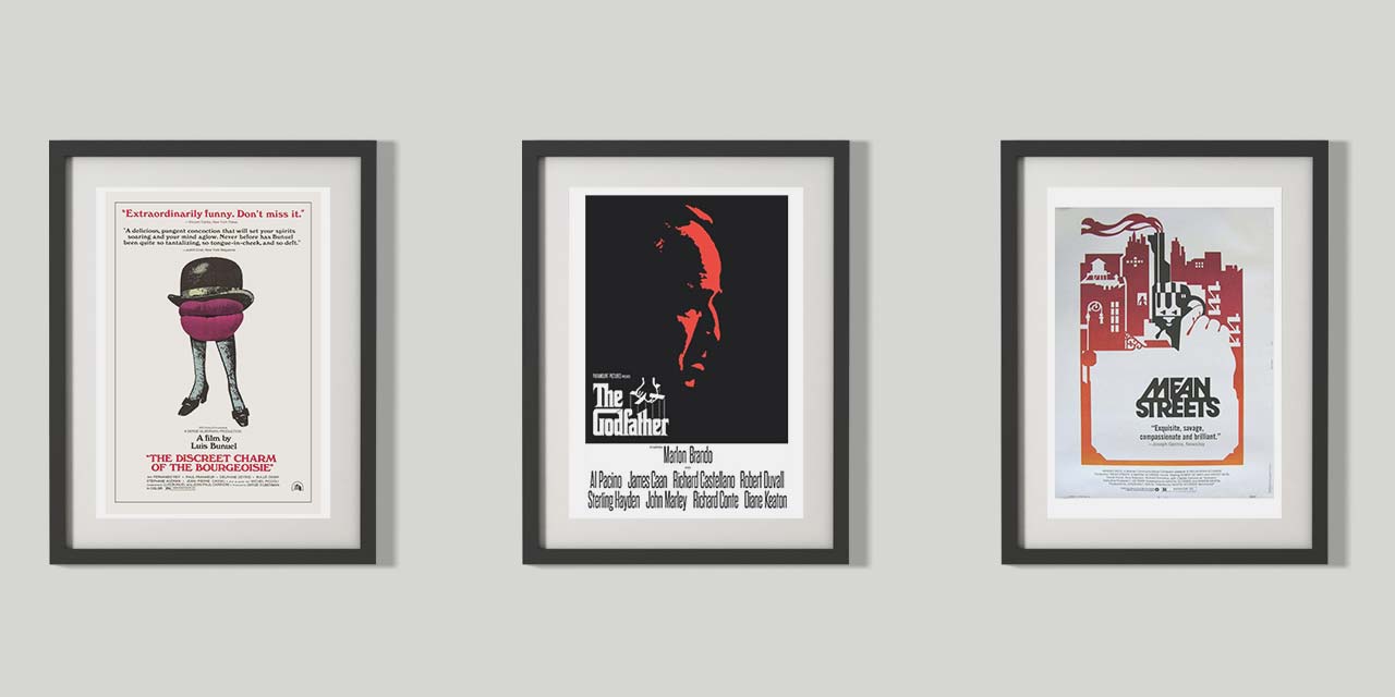 Tri plakata filmova: Le charme discret de la bourgeoisie, The Godfather i Mean Streets.