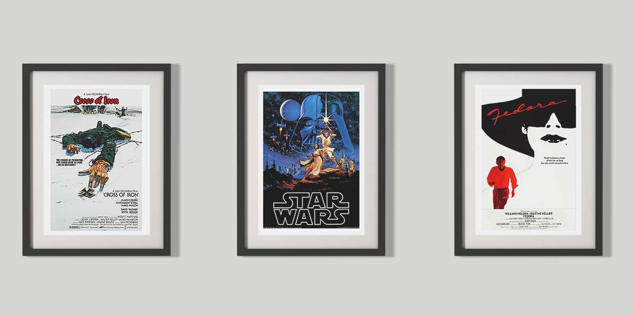 Tri plakata filmova: Cross of Iron, Star Wars i Fedora.