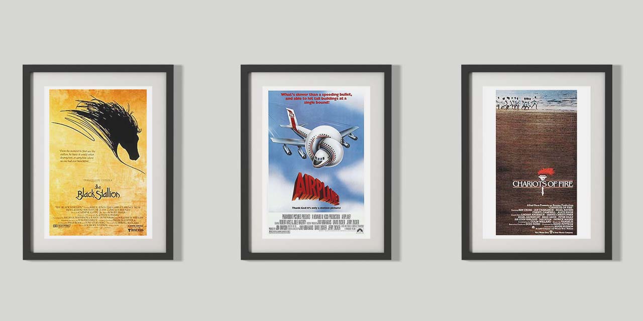 Tri plakata filmova: The Black Stallion, Airplane! i Chariots of Fire.