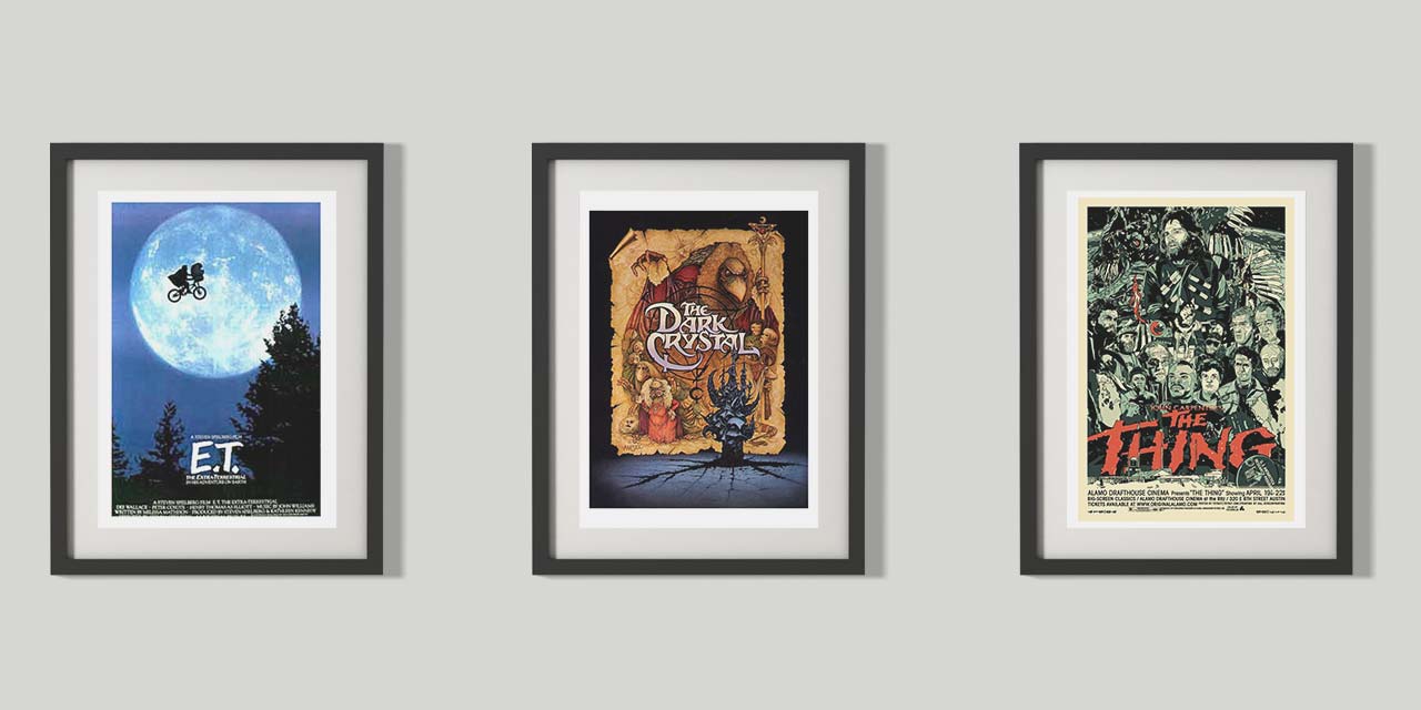 Tri plakata filmova: E.T., The Dark Crystal i The Thing.