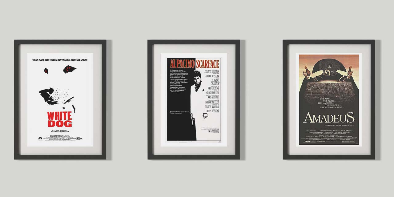 Tri plakata filmova: White Dog, Scarface i Amadeus.