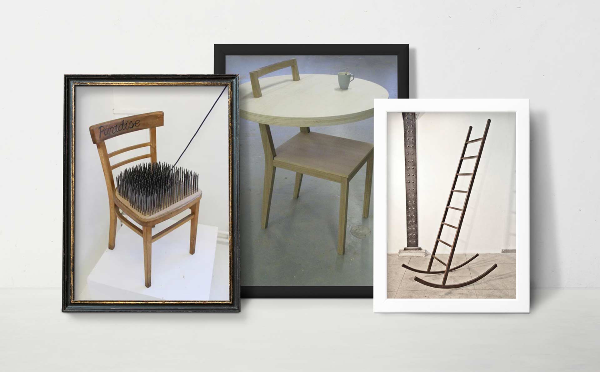 Ekstremni savremeni dizajn: stolica sa eksterima, sto na stolici i klackalica merdevina od bronze.