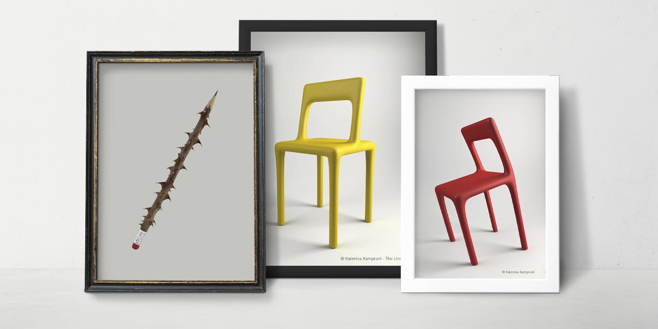 Tri primera neprakričnog dizajna dizajnerke Katarine Kamprani: bodljikava olovka i dve nepraktične stolice.