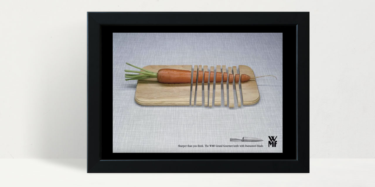 WMF reklama za oštre noževe gde se sa šargarepom iseče čak i drvena daska za sečenje.