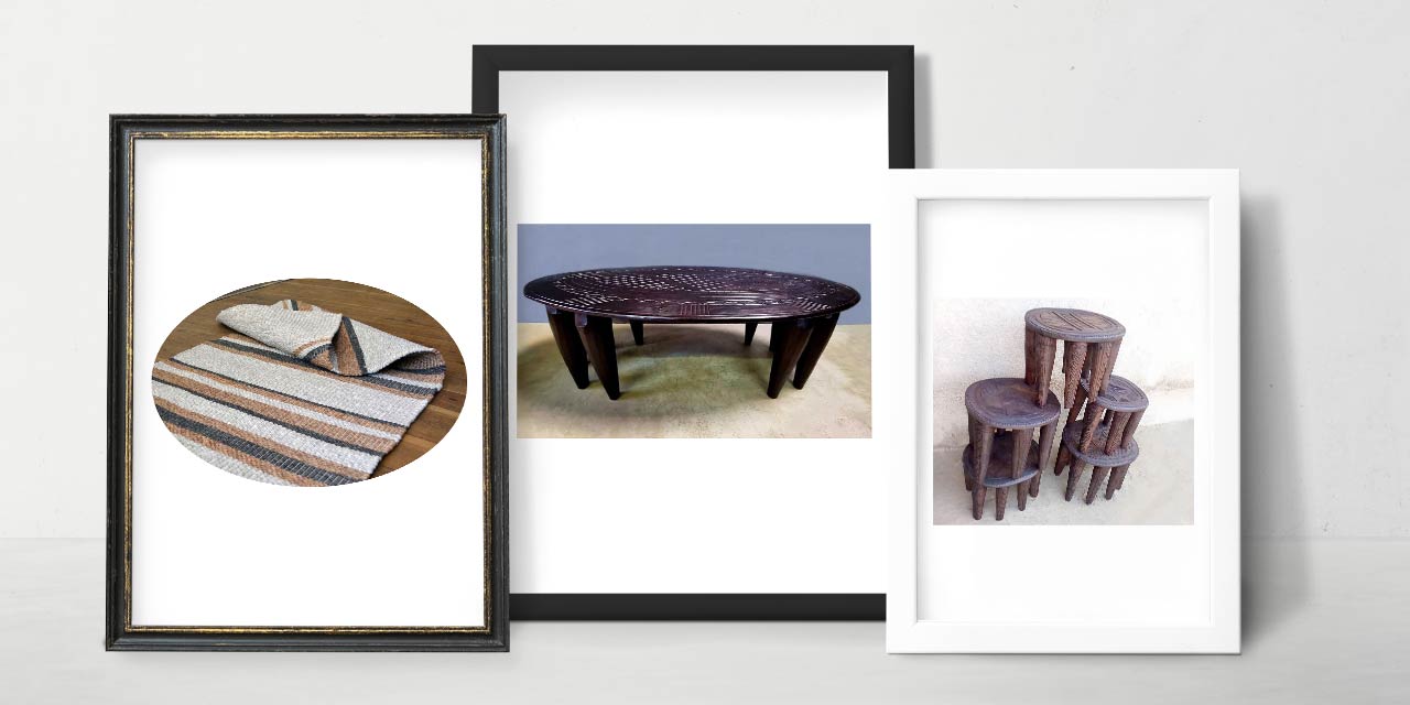 Afrički paterni u dizajnu - Lava NET Tepih od 100% recikliranih materijala, afrički ručno rezbareni stočić za kafu i ručno rezbarene Nupe stolice.