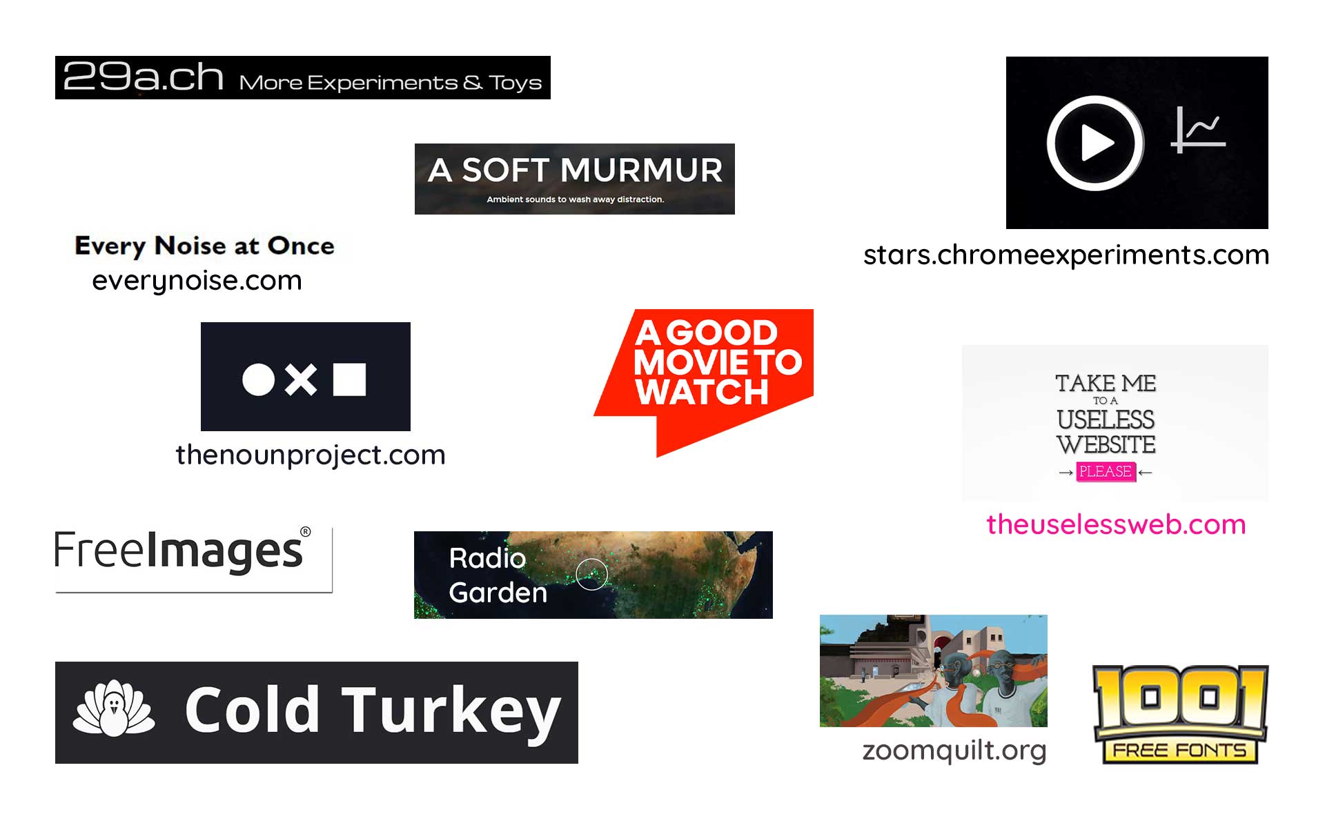 12 besplatnih internet sajtova za rad i zabavu Logoi sajtova koje preporučujemo u tekstu, među kojima navodimo sajt agoodmovietowatch.com, everynoise.com, zoomquilt.org itd.