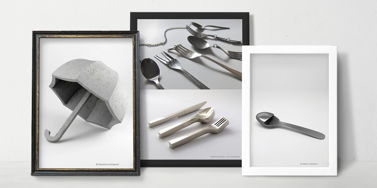 Ekstremni savremeni dizajn nepraktičnih stvari Katarine Kamprani: kišobran od betona i nepraktični escajg.