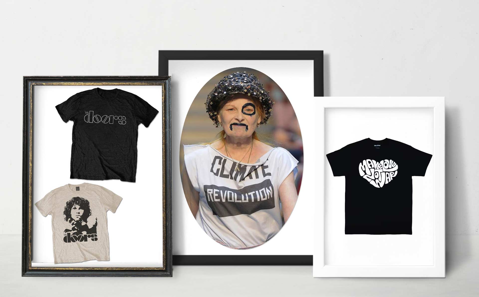 Najbolje dizajnirane majice. Najbolje poruke na majicama Dizajnirane majice, dve su benda The Doors, jednu nosi dizajnerice Vivijen Vestvod s natpisom Climate Revolution, i crna majica s belim natpisom Make Love Not War.