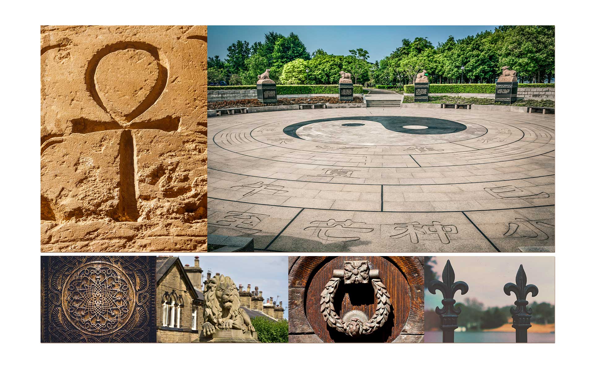 Simbolizam u dizajnu: egipatski ankh, japanski jing-jang, indijska mandala, lav, lovorov venac i Fleur-de-lis na ogradi.