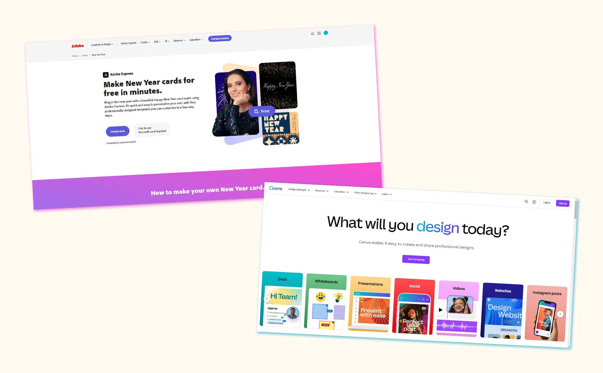 Kako sami da dizajnirate digitalnu novogodišnju čestitku Adobe i Canva početne stranice za kreiranje novogodišnje čestitke.